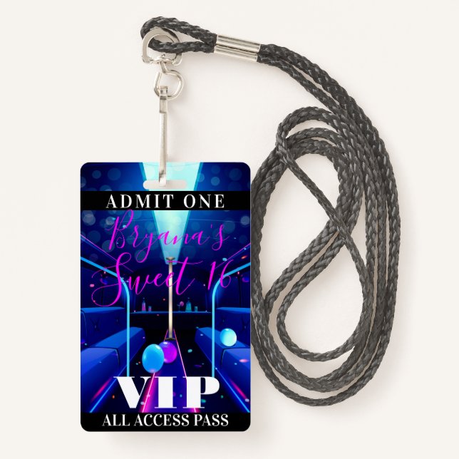Party Bus Blacklight Dance Sweet 16 VIP Pass ID Badge (Front with Lanyard)