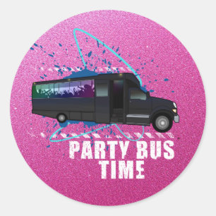 Party Bus Time Neon Nightlife Gradient Pink Classic Round Sticker