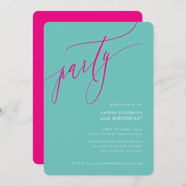 PARTY calligraphy stylish minimal fun mint pink Invitation (Front/Back)