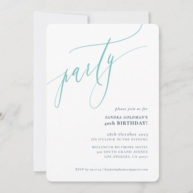 PARTY calligraphy stylish minimal navy mint Invitation (Front)