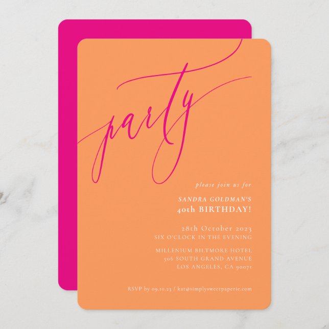 PARTY calligraphy stylish minimal orange pink Invitation (Front/Back)