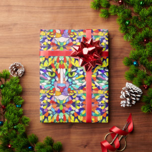 Party Cat - Rainbow Face - Vibrant Mosaic Style Wrapping Paper