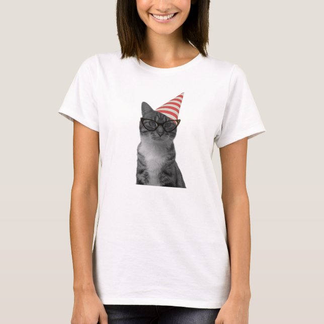 Party Cat striped hat 50s glasses  T-Shirt (Front)