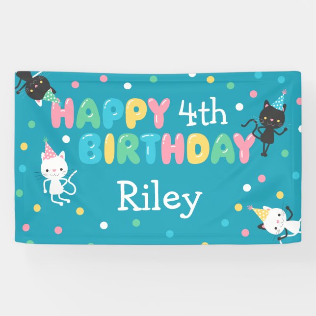 Party Cats Kids Happy Birthday | Name & Age Banner (Horizontal)