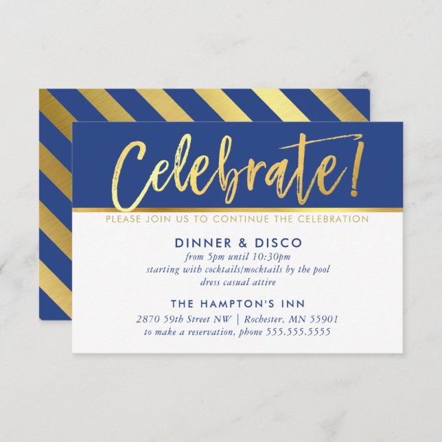 PARTY CELEBRATION CARD royal blue faux gold type (Front/Back)