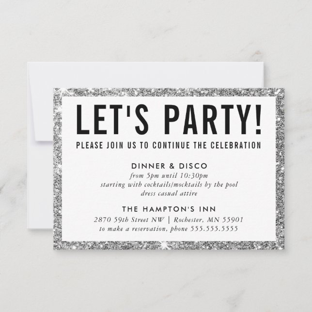PARTY CELEBRATION INFO cute modern silver glitter Invitation (Front)