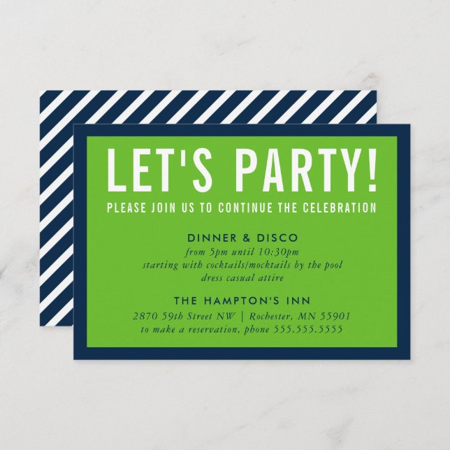 PARTY CELEBRATION INFO modern bold green navy blue Invitation (Front/Back)