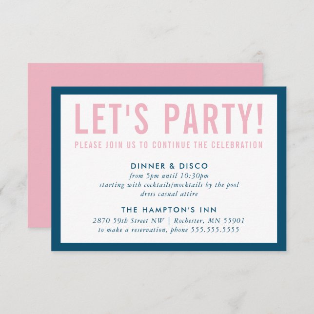 PARTY CELEBRATION INFO modern bold navy blue pink Invitation (Front/Back)