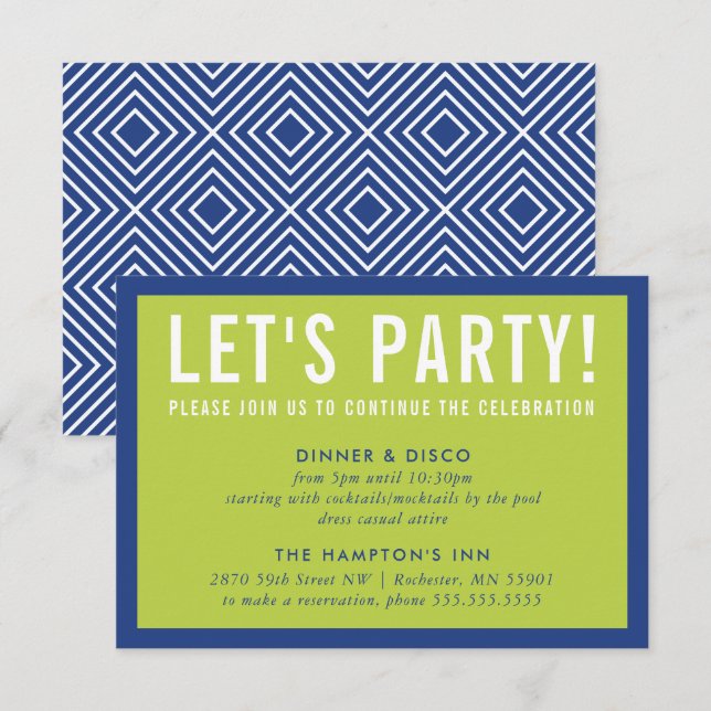 PARTY CELEBRATION INFO modern bold royal blue lime Invitation (Front/Back)
