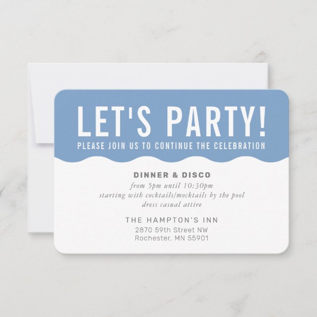 PARTY CELEBRATION INFO modern bold wave blue grey Invitation (Front)