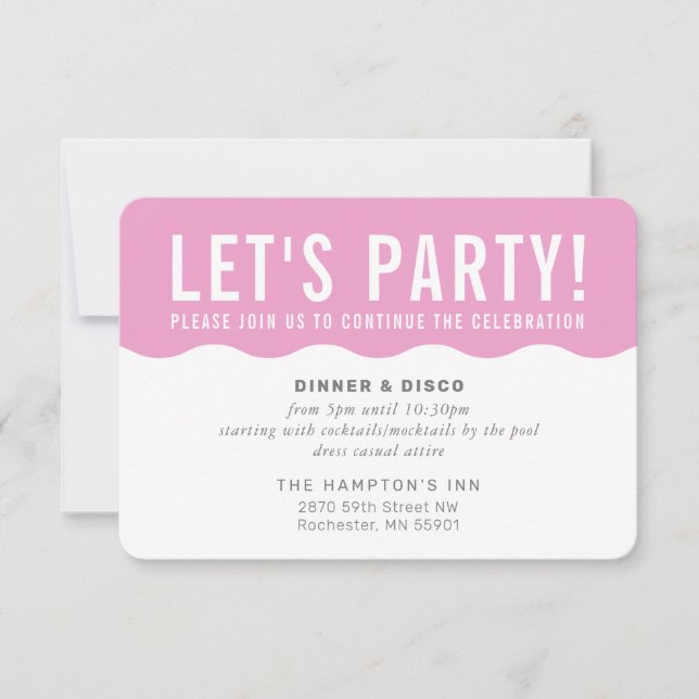 PARTY CELEBRATION INFO modern bold wave pink Invitation (Front)