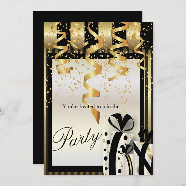 Party Celebration Invitation in Gold & Black (Front/Back)