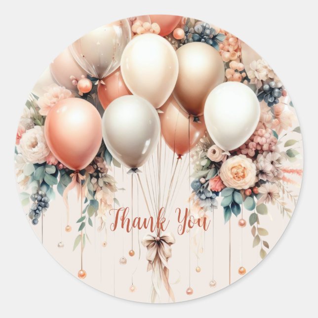 Party Colourful White Peach Floral Balloons Elegan Classic Round Sticker (Front)