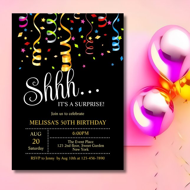 Party Confetti Ribbon Black Surprise Birthday  Invitation (Creator Uploaded)