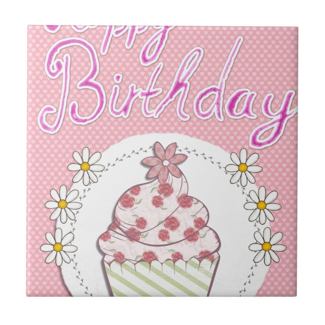 Party Cupcake Pink Happy Birthday Tile (Front)