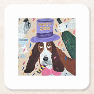 Party Dog Basset Hound  Square Paper Coaster