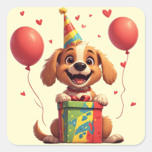 🐕 Party Dog With Birthday Hat And Gift Square Sticker