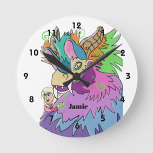 Party Dragon And Little Girl Personalised Round Clock