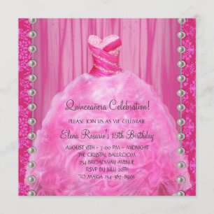 Party Dress Pearls Hot Pink Quinceanera Invitation