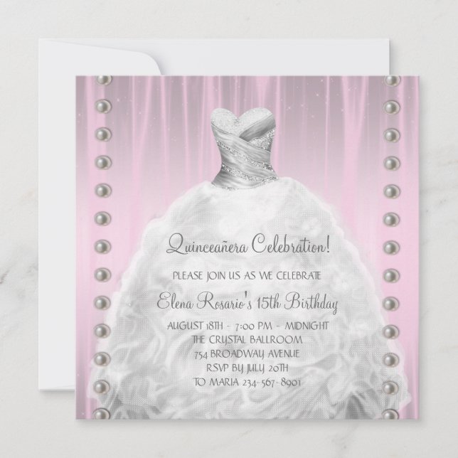 Party Dress Pearls Pink Quinceanera Invitation (Front)