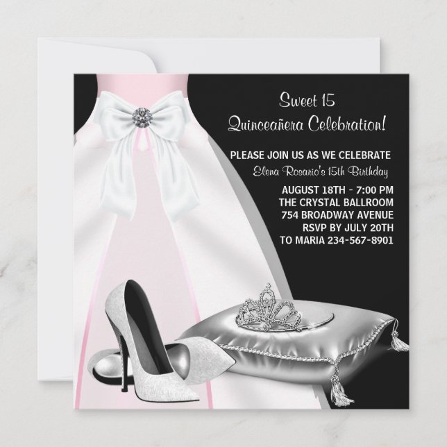 Party Dress Tiara Pink Black Quinceanera Invitation (Front)