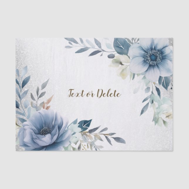 Party Dusty Blue Watercolor Flowers Silver Elegant Tissue Paper (Front)