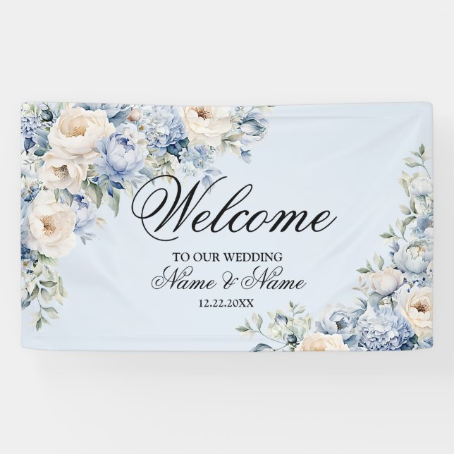 Party Dusty Blue Watercolor Ivory Flowers Leaves Banner (Horizontal)