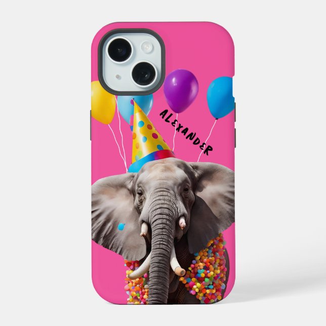 Party Elephant with Balloons, Festive Design iPhone 15 Case (Back)