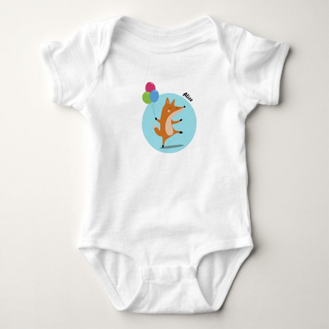 Party Fox With Balloons Custom Name Baby Bodysuit (Front)