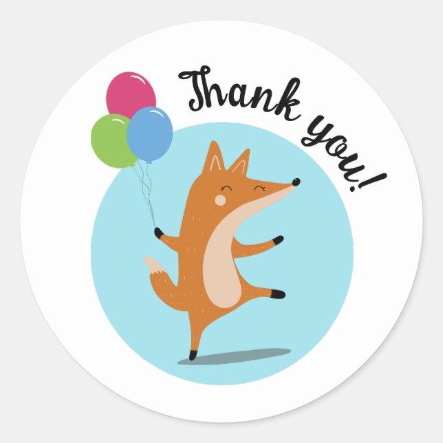 Party Fox With Balloons Custom Text Classic Round Sticker (Front)