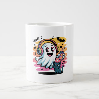 Party Ghost with Cat Cute Halloween Cartoon Large Coffee Mug