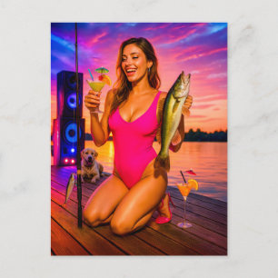 Party Girl Fishing with Cocktail and Music Holiday Postcard