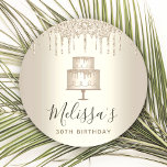 Party gold cake glitter drips elegant girly glam round paper coaster<br><div class="desc">Relax with your favourite beverage and protect your furniture with these simple, modern, girly, and stylish custom name paper coasters. A glittery, chic, champagne gold 2 layer cake, elegant script typography and glitter drips overlay a faux metallic champagne gold ombre background. Personalise with the name and message of your choice....</div>