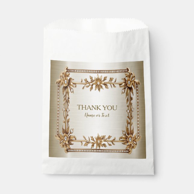 Party Gold Ornate Rectangle Dimond Flowers Shiny Favour Bags (Front)