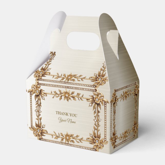 Party Gold Ornate Rectangle Dimond Flowers Shiny Favour Box (Front Side)