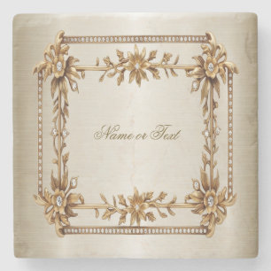 Party Gold Ornate Rectangle Dimond Flowers Shiny Stone Coaster