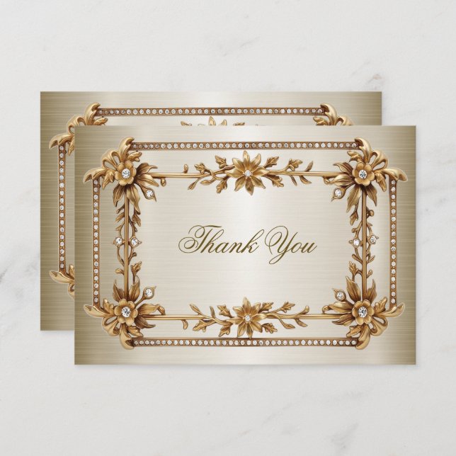 Party Gold Ornate Rectangle Dimond Flowers Shiny Thank You Card (Front/Back)