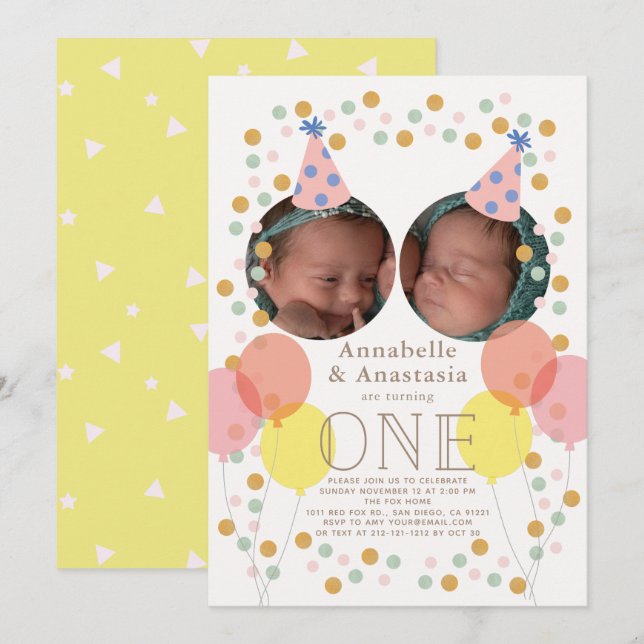 Party Hat & Balloon Photo Twin Girls 1st Birthday Invitation (Front/Back)