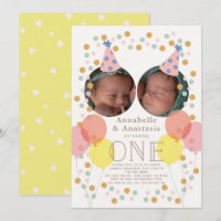 Party Hat & Balloon Photo Twin Girls 1st Birthday