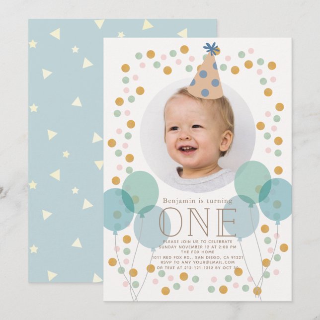 Party Hat & Balloons Blue Photo 1st Birthday Invitation (Front/Back)