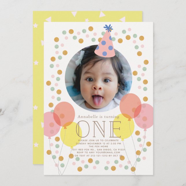 Party Hat & Balloons Pink Photo 1st Birthday Invitation (Front/Back)