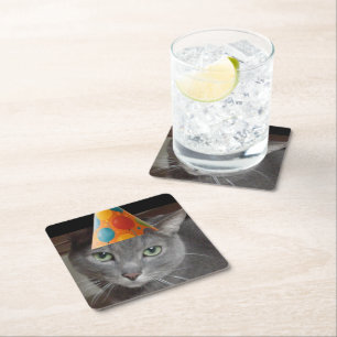 Party Hat Gray Cat Square Paper Coaster