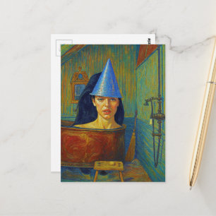 Party hat woman in rustic copper bathtub collage postcard