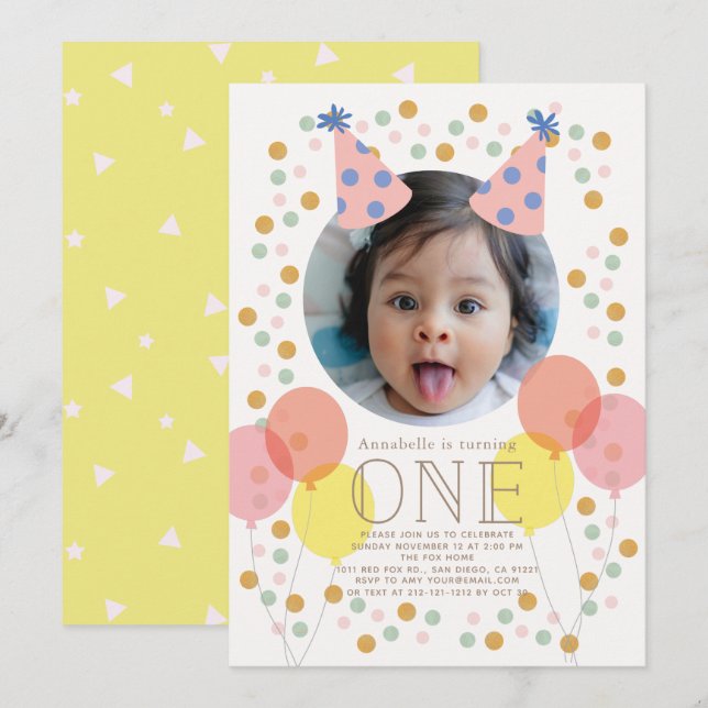 Party Hats & Balloons Pink Photo 1st Birthday Invitation (Front/Back)