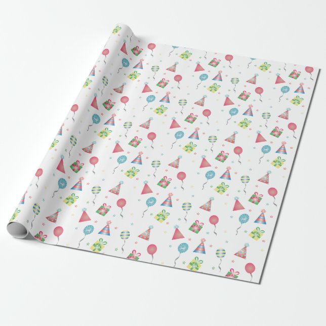 Party Hats Birthday Balloons Presents Pattern Wrapping Paper (Unrolled)
