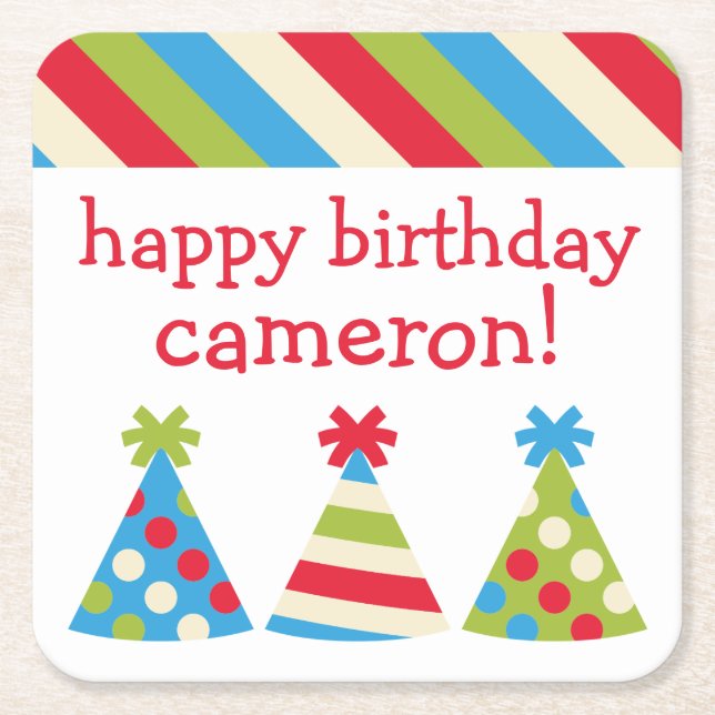 Party Hats Personalised Paper Coasters (Front)