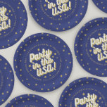 Party in the USA Navy 4th of July Decorations Paper Plate<br><div class="desc">Celebrate the 4th of July in style with this fun paper plate. Featuring the phrase "Party in the USA" in a fun font with patriotic colours and golden stars. Customise with your celebration information.</div>