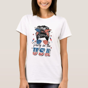 Party In USA Girls 4th of July Messy Bun T-Shirt