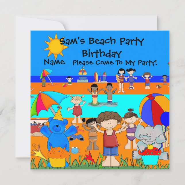 Party Invitation Birthday Beach Boy Girl Children (Front)