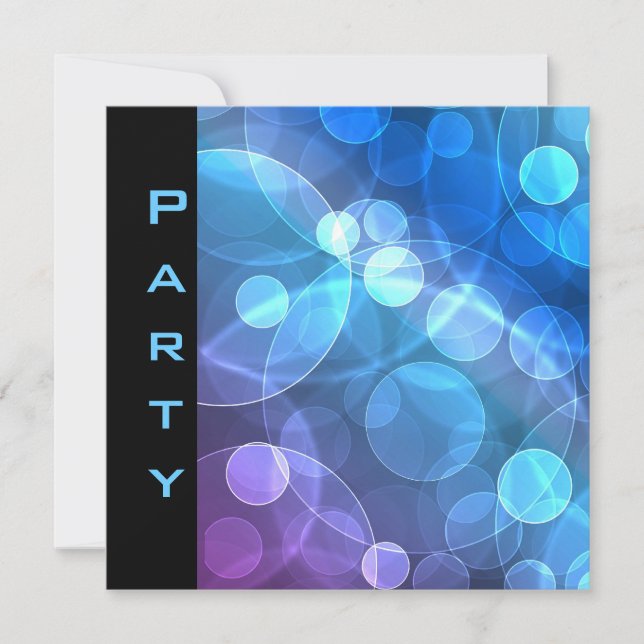 Party Invitation Feathers Black Blue Bubbles (Front)